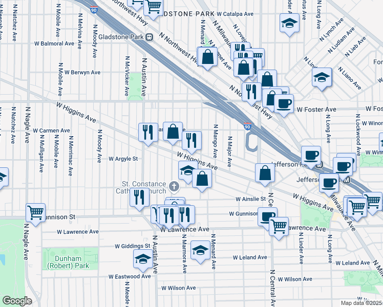 map of restaurants, bars, coffee shops, grocery stores, and more near 5036 North Menard Avenue in Chicago