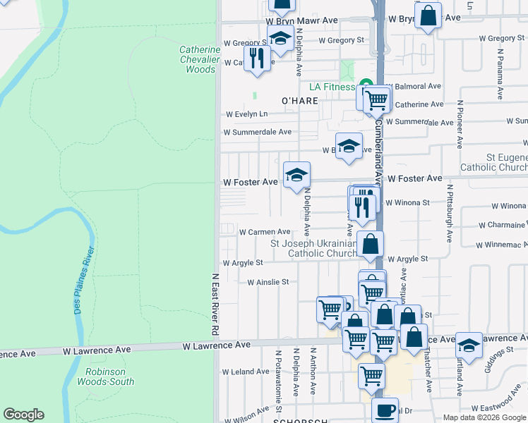 map of restaurants, bars, coffee shops, grocery stores, and more near 8639 1/2 West Foster Avenue in Chicago