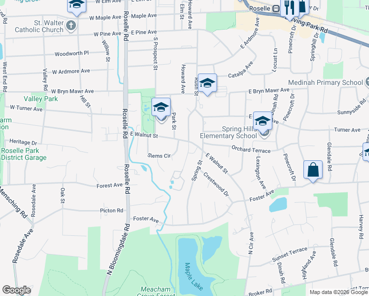 map of restaurants, bars, coffee shops, grocery stores, and more near 224 East Walnut Street in Roselle