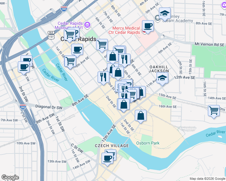 map of restaurants, bars, coffee shops, grocery stores, and more near 303 8th Avenue Southwest in Cedar Rapids