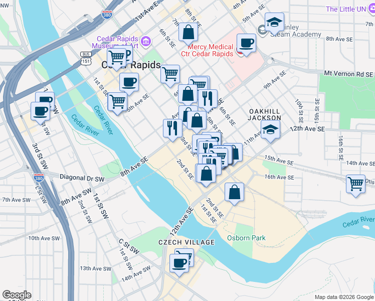 map of restaurants, bars, coffee shops, grocery stores, and more near 303 8th Avenue Southwest in Cedar Rapids