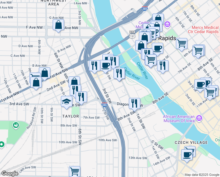 map of restaurants, bars, coffee shops, grocery stores, and more near 400 2nd Street Southwest in Cedar Rapids
