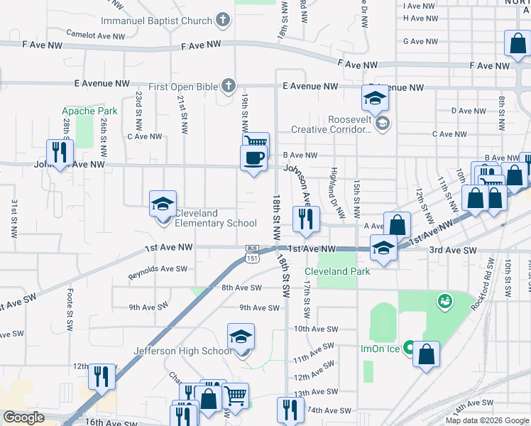 map of restaurants, bars, coffee shops, grocery stores, and more near 161 19th Street Northwest in Cedar Rapids