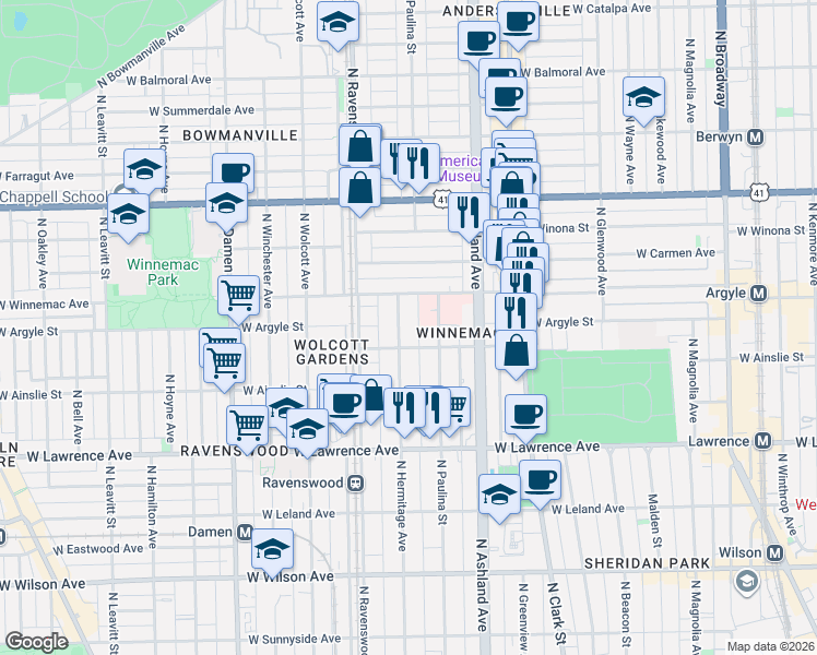 map of restaurants, bars, coffee shops, grocery stores, and more near 5015 North Hermitage Avenue in Chicago