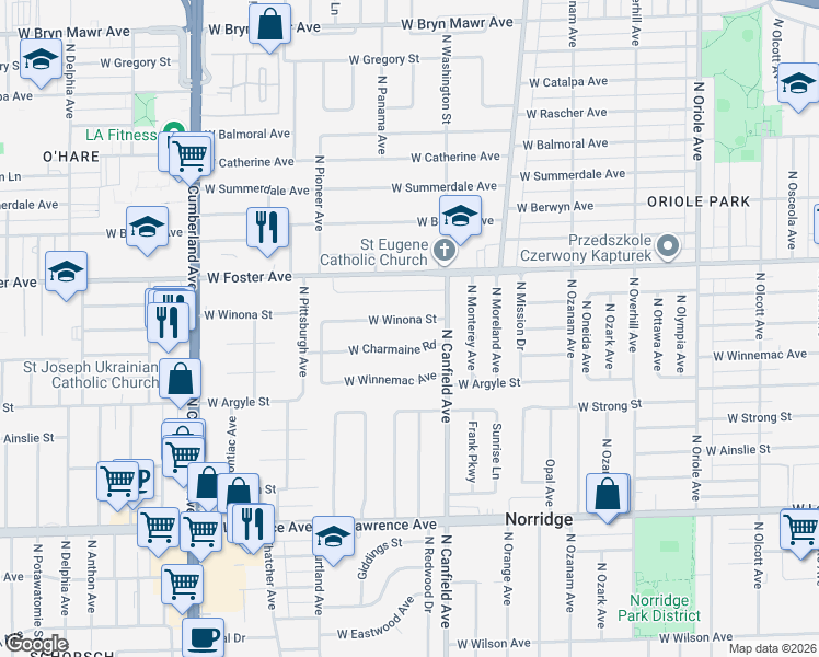 map of restaurants, bars, coffee shops, grocery stores, and more near 8041 Winona Street in Norridge