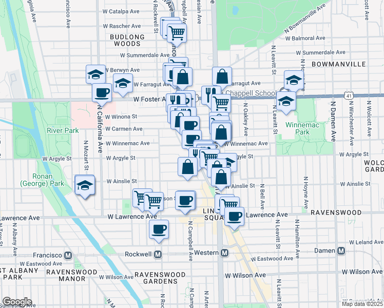 map of restaurants, bars, coffee shops, grocery stores, and more near 5067 North Lincoln Avenue in Chicago