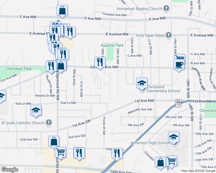 map of restaurants, bars, coffee shops, grocery stores, and more near 202-210 27th Street Northwest in Cedar Rapids