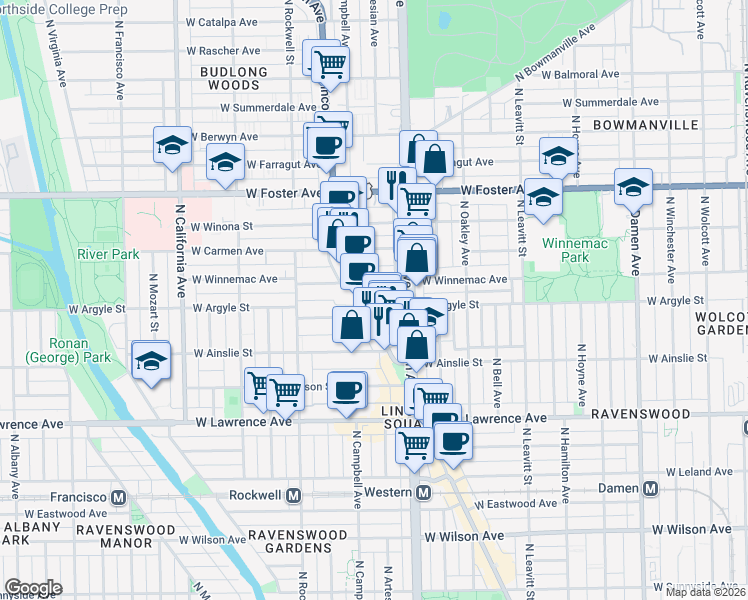 map of restaurants, bars, coffee shops, grocery stores, and more near 2423 West Winnemac Avenue in Chicago