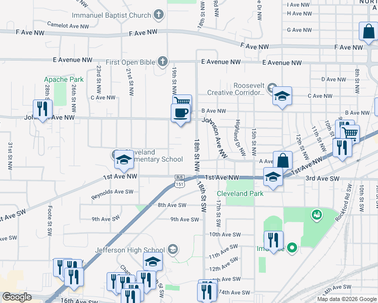 map of restaurants, bars, coffee shops, grocery stores, and more near 161 19th Street Northwest in Cedar Rapids