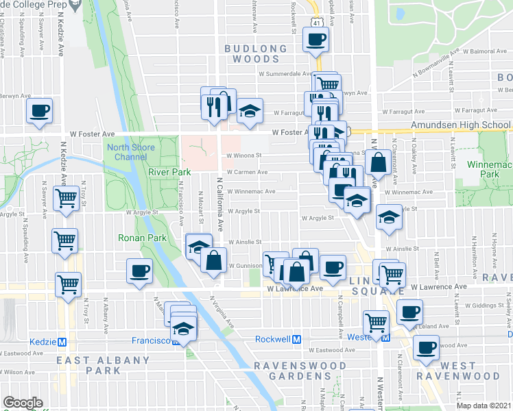 map of restaurants, bars, coffee shops, grocery stores, and more near 5000 North Washtenaw Avenue in Chicago