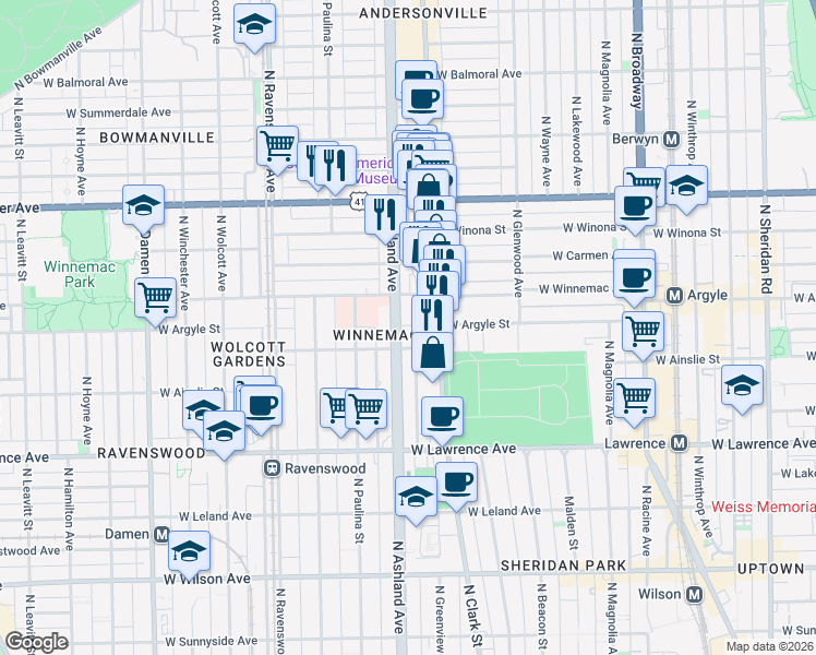 map of restaurants, bars, coffee shops, grocery stores, and more near 4919 North Ashland Avenue in Chicago