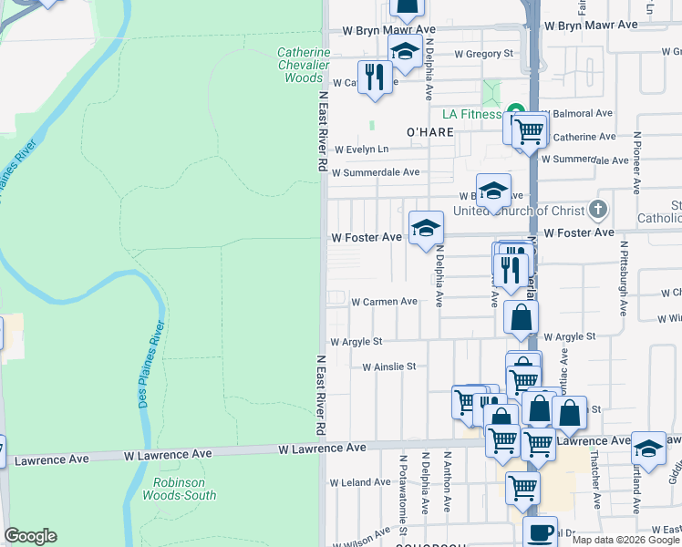 map of restaurants, bars, coffee shops, grocery stores, and more near 5113 North East River Road in Chicago
