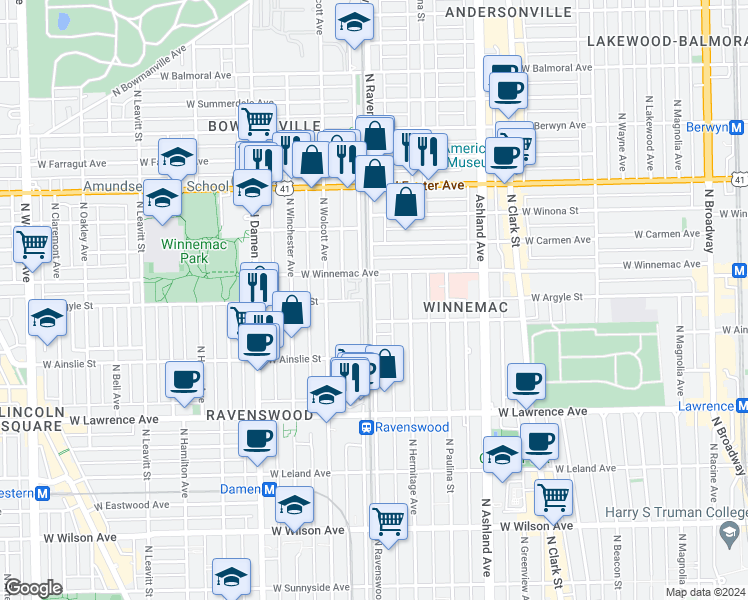 map of restaurants, bars, coffee shops, grocery stores, and more near 5016 North Ravenswood Avenue in Chicago