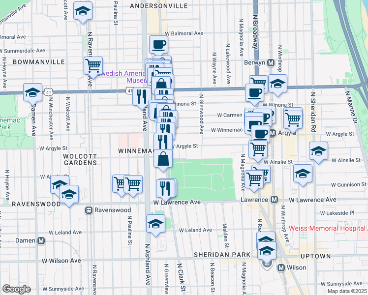 map of restaurants, bars, coffee shops, grocery stores, and more near 1449 West Argyle Street in Chicago