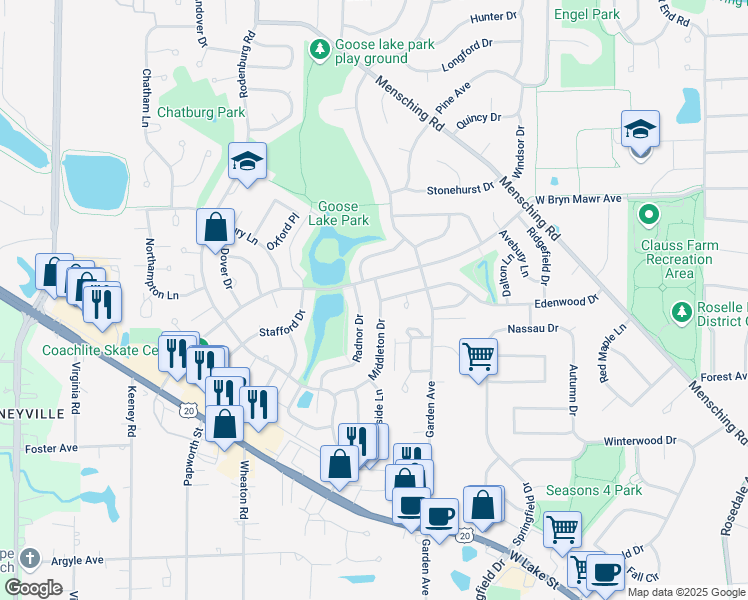 map of restaurants, bars, coffee shops, grocery stores, and more near 535 Radnor Drive in Roselle