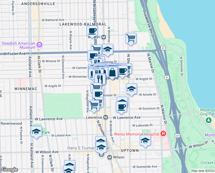 map of restaurants, bars, coffee shops, grocery stores, and more near 1119 West Argyle Street in Chicago