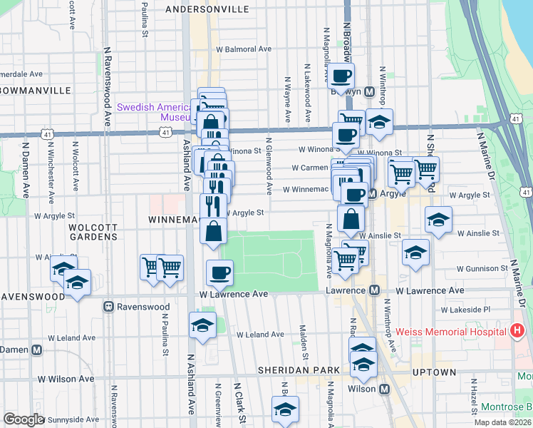 map of restaurants, bars, coffee shops, grocery stores, and more near in Chicago