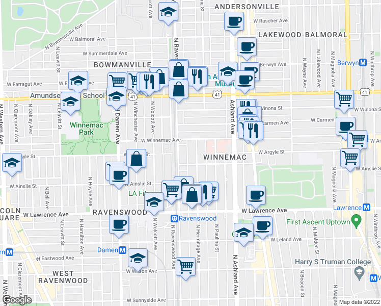 map of restaurants, bars, coffee shops, grocery stores, and more near 1763 West Winnemac Avenue in Chicago