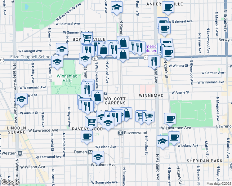 map of restaurants, bars, coffee shops, grocery stores, and more near 1801 West Winnemac Avenue in Chicago