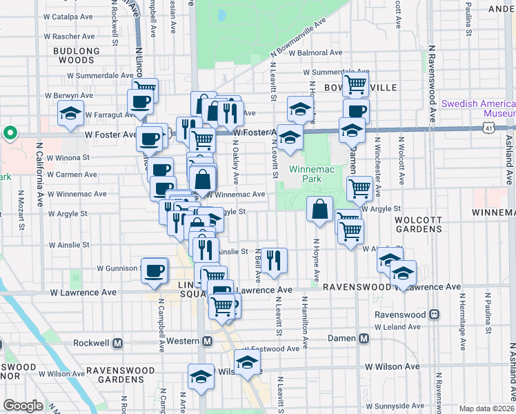 map of restaurants, bars, coffee shops, grocery stores, and more near 2233 West Winnemac Avenue in Chicago