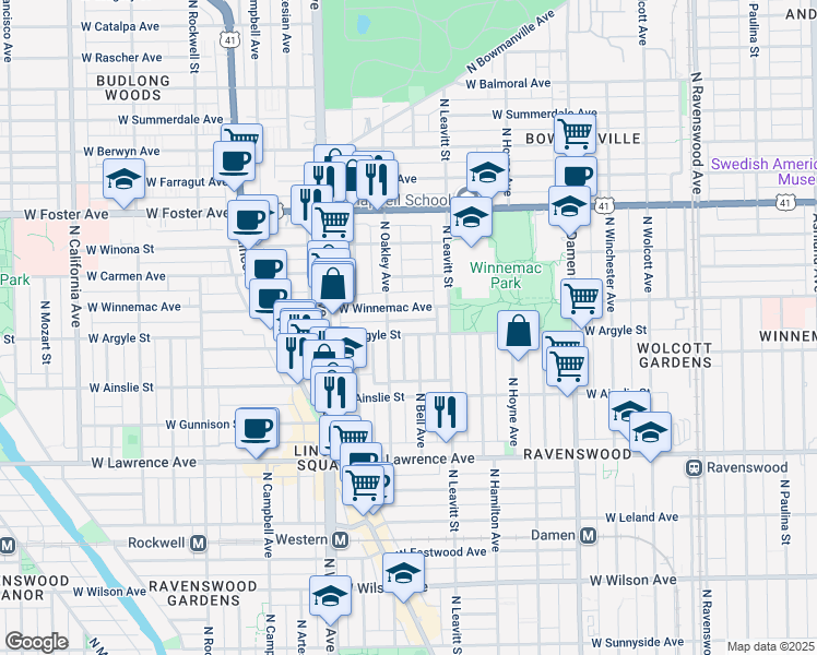 map of restaurants, bars, coffee shops, grocery stores, and more near 2233 West Winnemac Avenue in Chicago