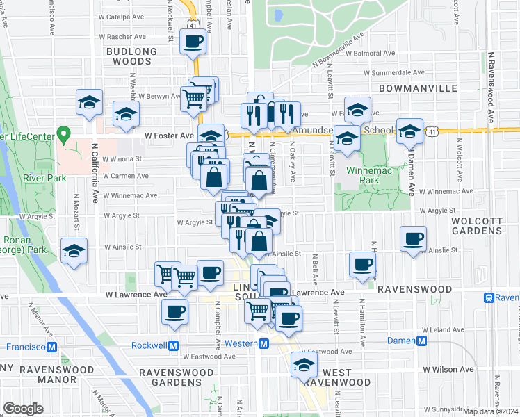map of restaurants, bars, coffee shops, grocery stores, and more near 2351 West Winnemac Avenue in Chicago