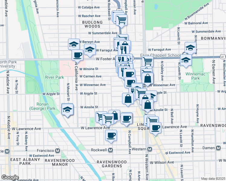 map of restaurants, bars, coffee shops, grocery stores, and more near 2540 West Winnemac Avenue in Chicago