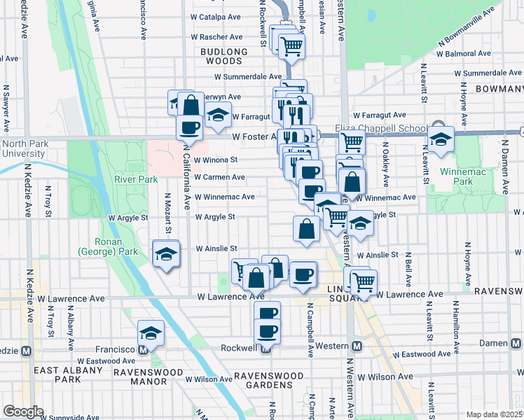 map of restaurants, bars, coffee shops, grocery stores, and more near 2611 West Winnemac Avenue in Chicago
