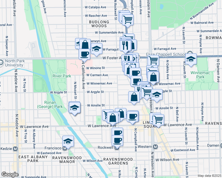 map of restaurants, bars, coffee shops, grocery stores, and more near 2611 West Winnemac Avenue in Chicago