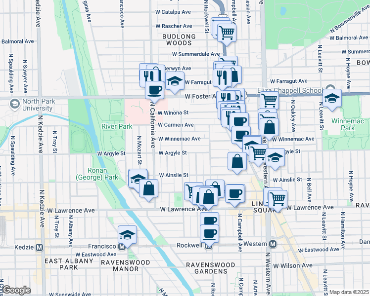 map of restaurants, bars, coffee shops, grocery stores, and more near 2653 West Winnemac Avenue in Chicago