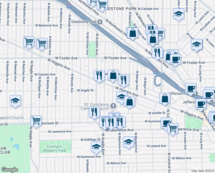 map of restaurants, bars, coffee shops, grocery stores, and more near 5928 West Higgins Avenue in Chicago