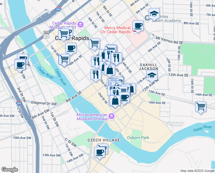 map of restaurants, bars, coffee shops, grocery stores, and more near 303 8th Avenue Southwest in Cedar Rapids