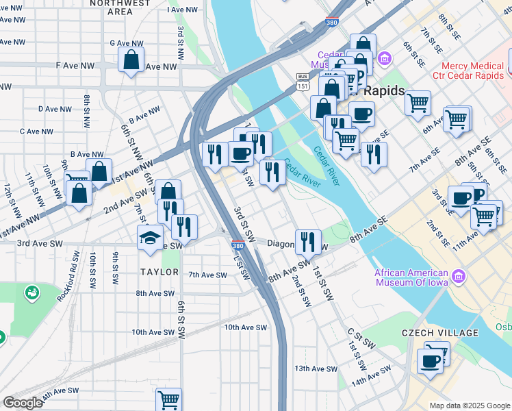 map of restaurants, bars, coffee shops, grocery stores, and more near 400 2nd Street Southwest in Cedar Rapids