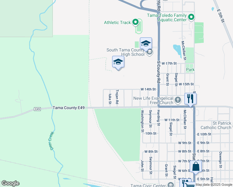 map of restaurants, bars, coffee shops, grocery stores, and more near 805 West 14th Street in Tama