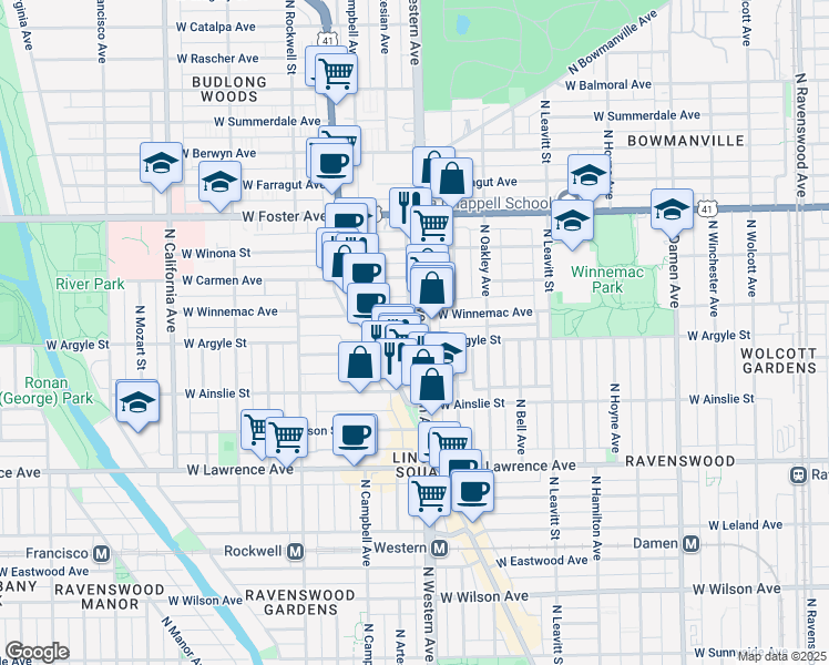 map of restaurants, bars, coffee shops, grocery stores, and more near 2423 West Winnemac Avenue in Chicago