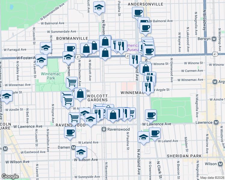 map of restaurants, bars, coffee shops, grocery stores, and more near 1763 West Winnemac Avenue in Chicago