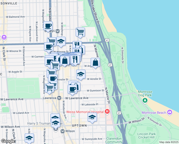 map of restaurants, bars, coffee shops, grocery stores, and more near 910 West Margate Terrace in Chicago