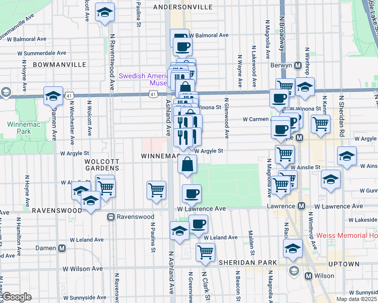 map of restaurants, bars, coffee shops, grocery stores, and more near North Clark Street & West Argyle Street in Chicago