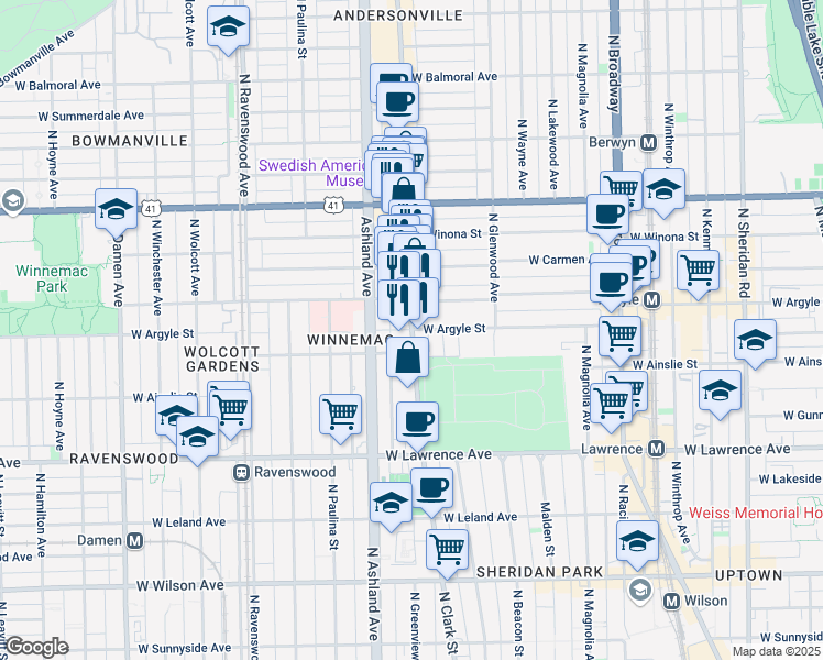 map of restaurants, bars, coffee shops, grocery stores, and more near 1604 West Argyle Street in Chicago