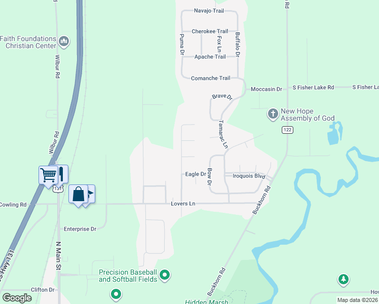 map of restaurants, bars, coffee shops, grocery stores, and more near 56740 Chippewa Drive in Three Rivers