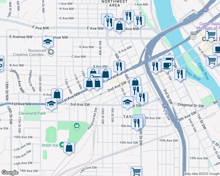 map of restaurants, bars, coffee shops, grocery stores, and more near 725 1st Avenue Southwest in Cedar Rapids