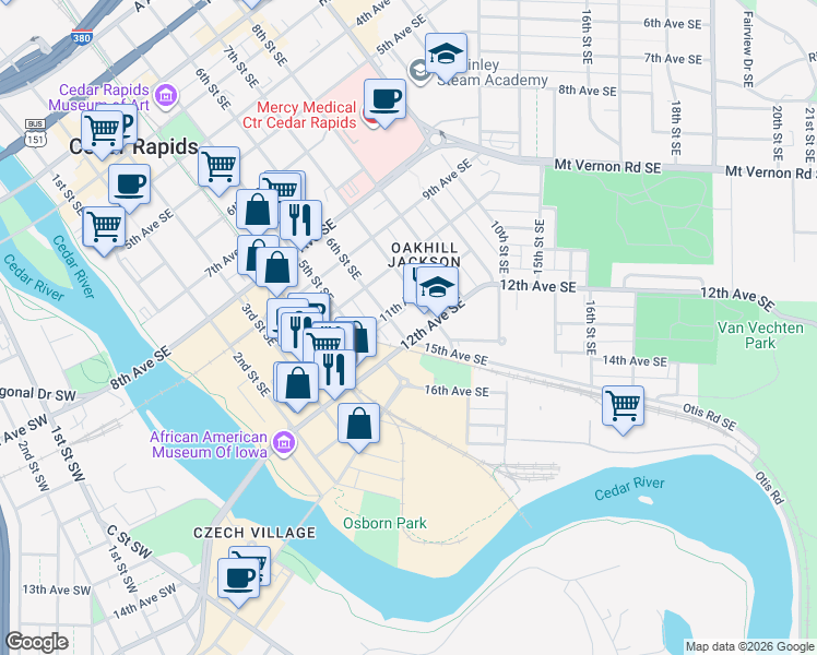 map of restaurants, bars, coffee shops, grocery stores, and more near 1150 6th Street Southeast in Cedar Rapids
