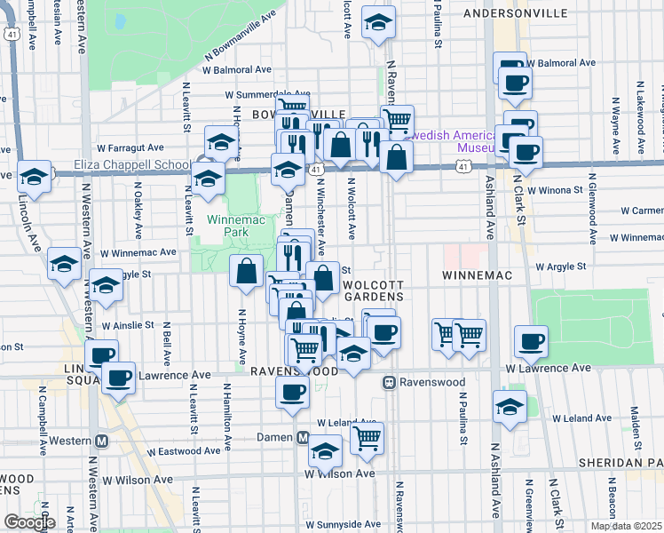 map of restaurants, bars, coffee shops, grocery stores, and more near 5001 North Winchester Avenue in Chicago