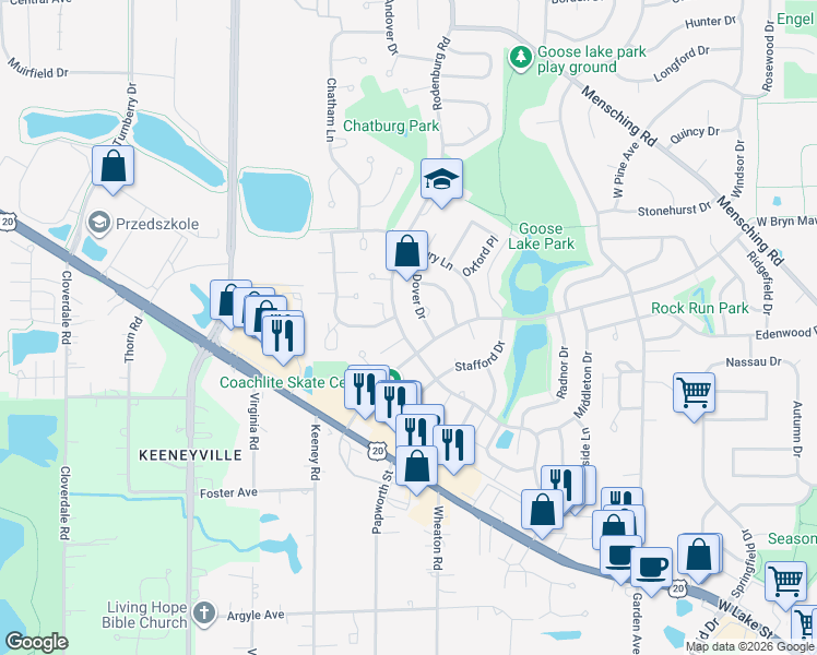 map of restaurants, bars, coffee shops, grocery stores, and more near 540 Dover Drive in Roselle