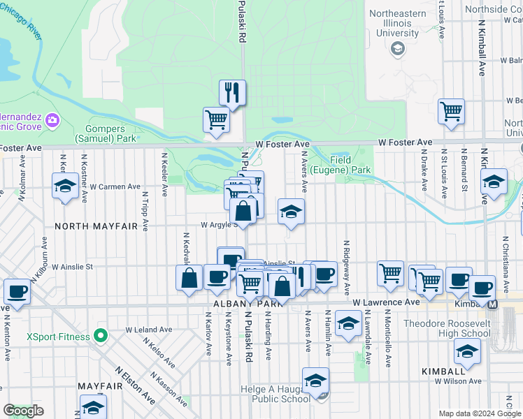 map of restaurants, bars, coffee shops, grocery stores, and more near 5022 North Harding Avenue in Chicago