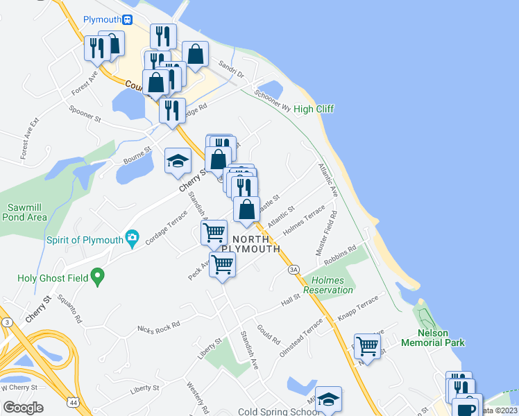 map of restaurants, bars, coffee shops, grocery stores, and more near 46 Castle Street in Plymouth
