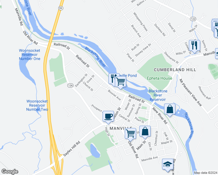 map of restaurants, bars, coffee shops, grocery stores, and more near 157 Railroad Street in Lincoln
