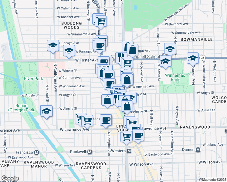 map of restaurants, bars, coffee shops, grocery stores, and more near 2423 West Winnemac Avenue in Chicago