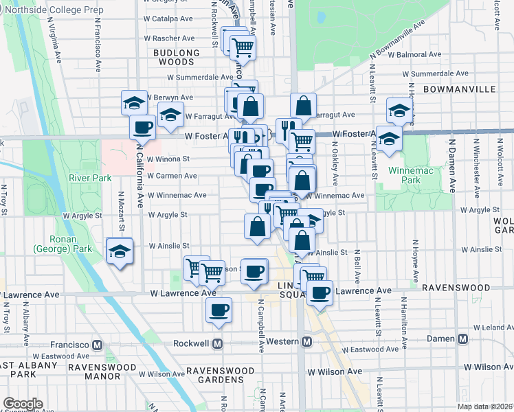 map of restaurants, bars, coffee shops, grocery stores, and more near 5067 North Lincoln Avenue in Chicago