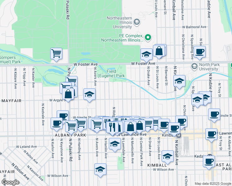map of restaurants, bars, coffee shops, grocery stores, and more near 5033 North Ridgeway Avenue in Chicago